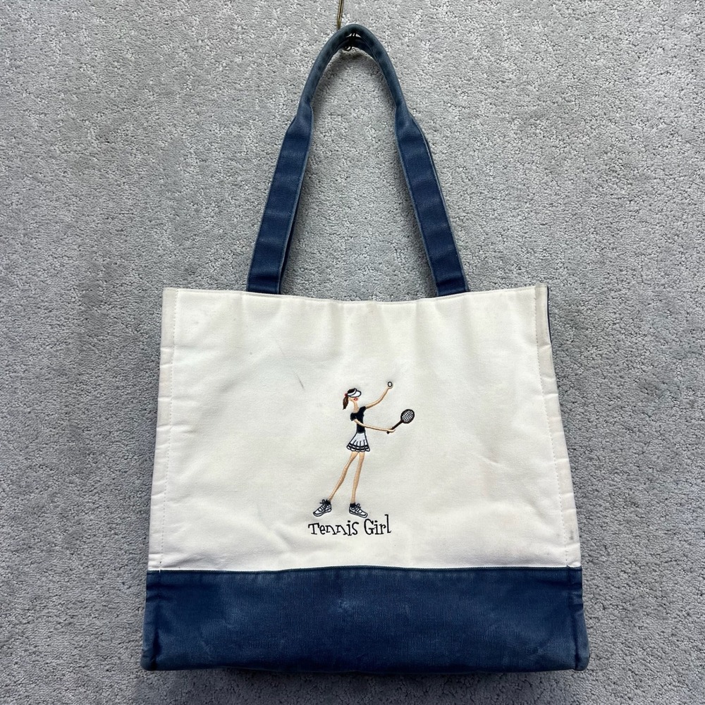 The Girls Sunny Hawaii Tote Bag White Blue Stripe Tennis Girl Embroidered Canvas